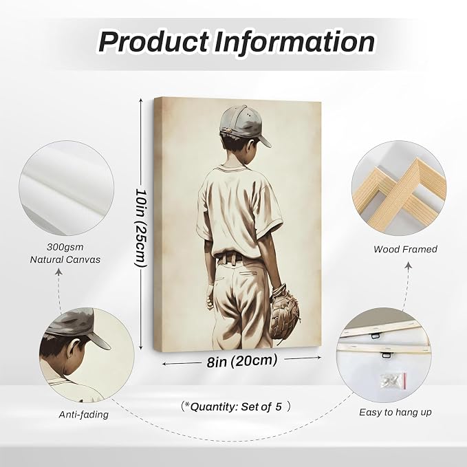 Baseball Nursery Wall Art Decor Vintage Boys Room Canvas Posters Sports Boy Pictures Baseball Vintage Nursery Painting Neutral Sport Kids Room Prints Wall Art for Bedroom 8x10x5 Inch Framed ﻿