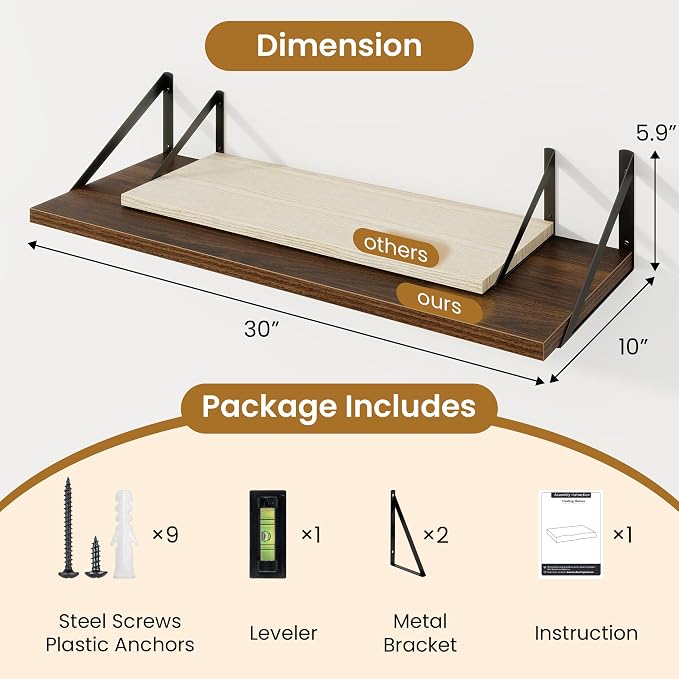 Acovy Deep Floating Shelves for Wall,30" Wx10 D Wood Floating Shelf Set of 2,Sturdy Metal Bracket Wide Display & Storage,Wall Mounted Hanging Floating Shelves for Living Room,Bedroom,Kitchen,Walnut