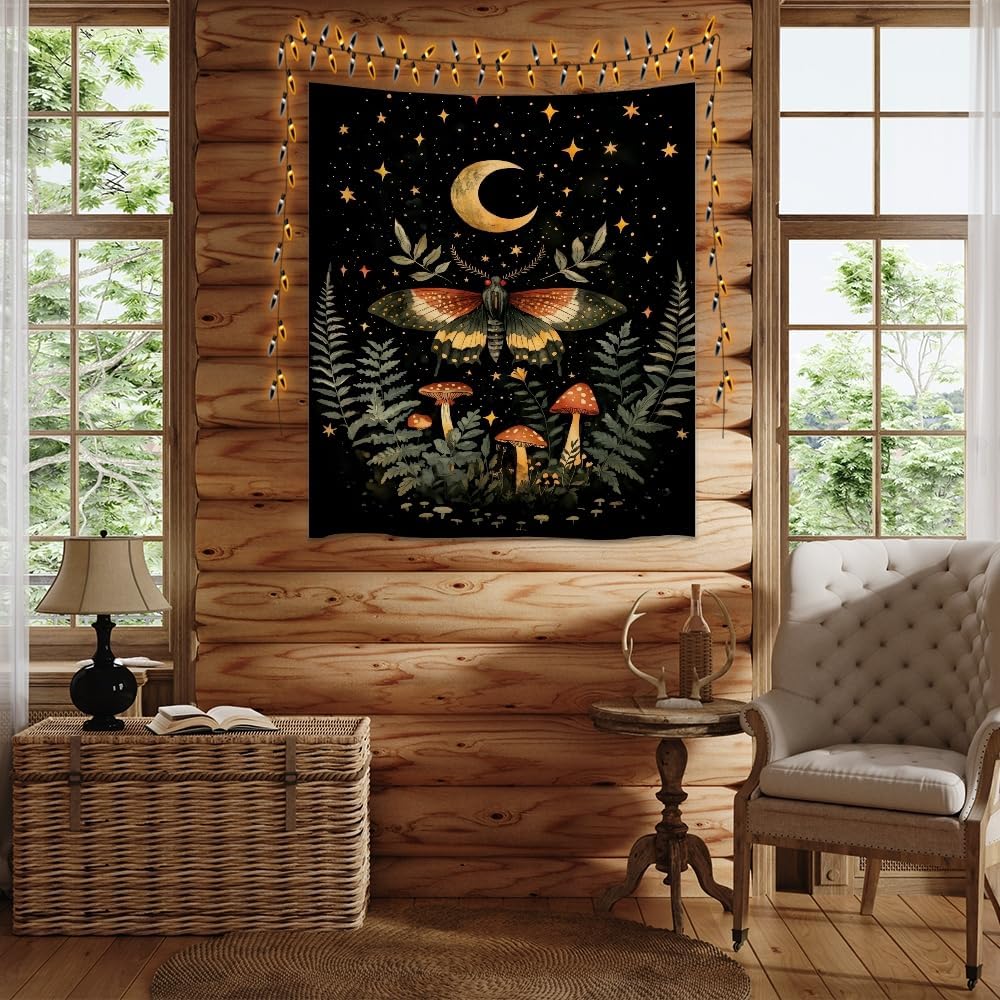 Mystical Moth Mushroom Tapestry Dark Academia Aesthetic Wall Hanging Decor Moon Star Witchy Print Butterfly Enchanted Forest Tapestries for Home Bedroom Living Room Office Decor 30x40inch