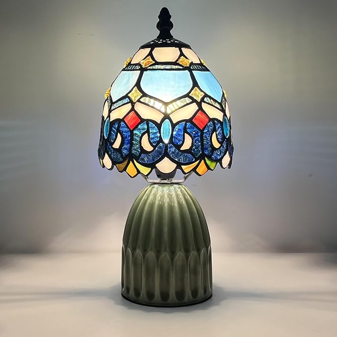 Tiffany Stained Glass Mushroom Table Lamp 12.5 Inch -Blue Jewelry | Tiffany Lamp,6X6X12.5 Inch,Small Night Light,Ceramic Base, Mini Accent Light Suitable,Bedside,Bedroom, Children Room,Antique