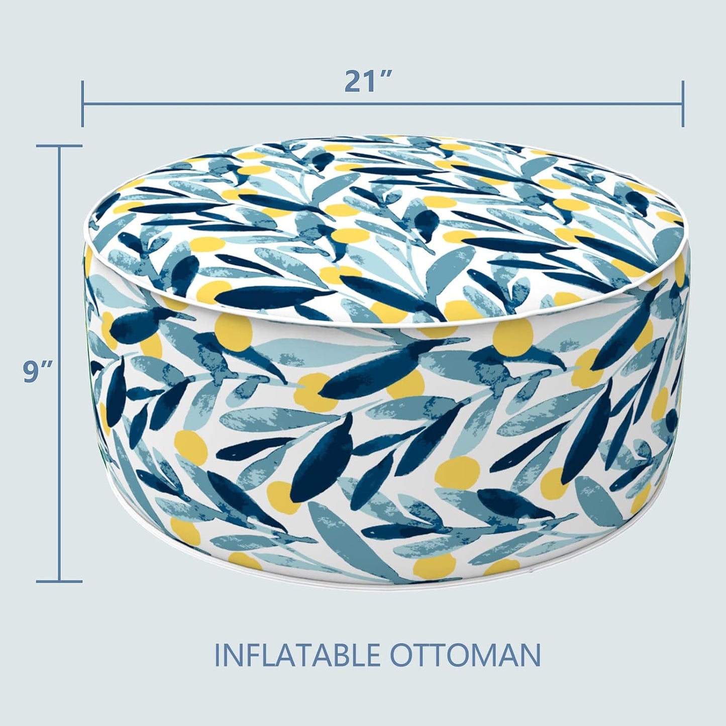 LVTXIII Outdoor/Indoor Inflatable Stool Ottoman, All Weather Patio Footrest Pouf, Portable Round Ottoman for Patio Garden, Camping or Home, D21xH9 Inches, Blue Leaves
