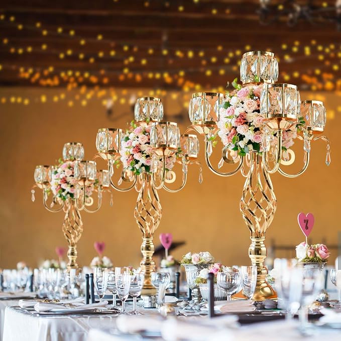 23.2 inch Tall Elegant and Chic 5 Arm Pendant Crystal Candlestick Holder Table Decoration tealight Candle Holder, Candelabra for Gorgeous Wedding/Parties Table Centerpiece (2, Gold)