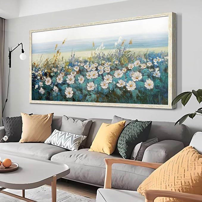 Arjun Flower Wall Art Canvas Framed Daisy Floral Textured Painting for Living Room, Extra Large Bedroom Picture Artwork Dining Room Office Home Wall Decor, 58"x29"