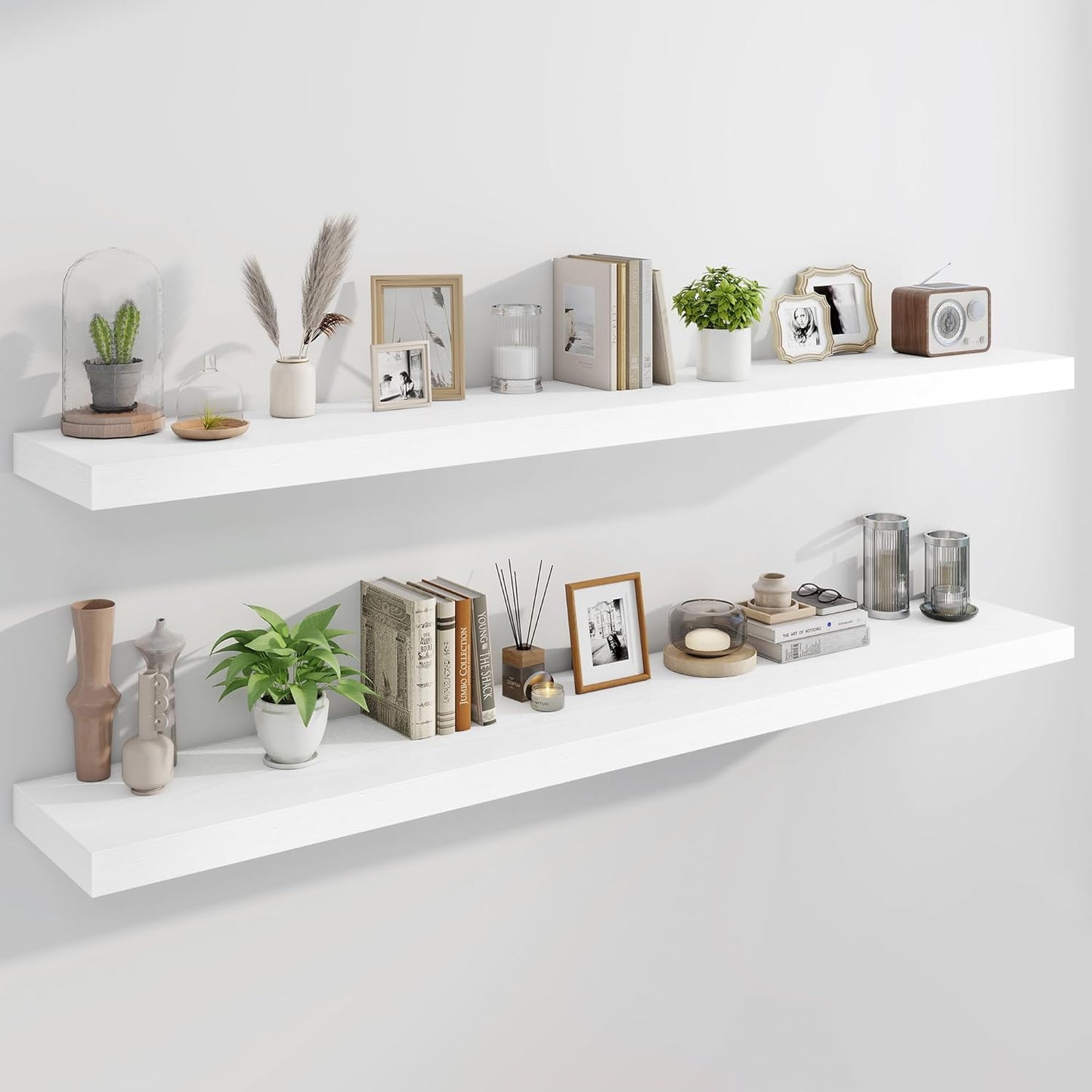 Marsmiles 72" Floating Shelves for Wall, Wooden Shelves with Invisible Brackets Set of 2, Rustic Farmhouse Wall Mounted Shelf for Kitchen Bathroom Living Room Study, White