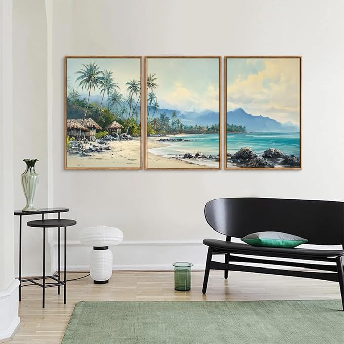Rantodecor Tropical Coastal Framed Canvas Wall Art, Beach Landscape Posters Wall Decor, Island Palm Trees Beach House Art Paintings, Seascape Mountains Artwork for Bedroom Living Room Office 24"x36"x3