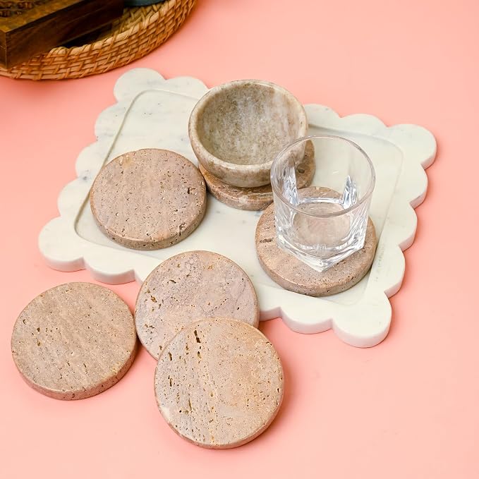 Perilla Home Handcrafted 4-4" Travertine Coaster – Set of 6 Round Coaster for Home, Kitchen or Office,Natural Absorbent Coasters for Hot & Cold Beverages Perfect Table Accessories for Modern Living