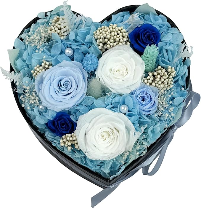 Preserved Roses Heart Shape Box Valentines Day Gifts for Her Mothers Day Forever Flowers (Multicolor-Blue, One Size)