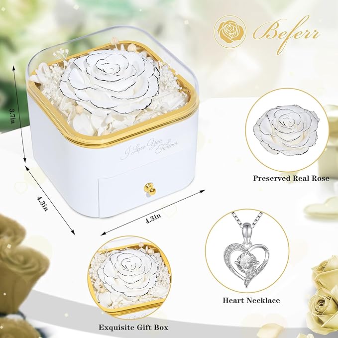 Beferr Birthday Gifts for Women Preserved Real Rose with Necklace Eternal Roses Forever Flowers for Delivery Anniversary Mothers Gifts for Mom Her Grandma Wife Sister from Daughter Son
