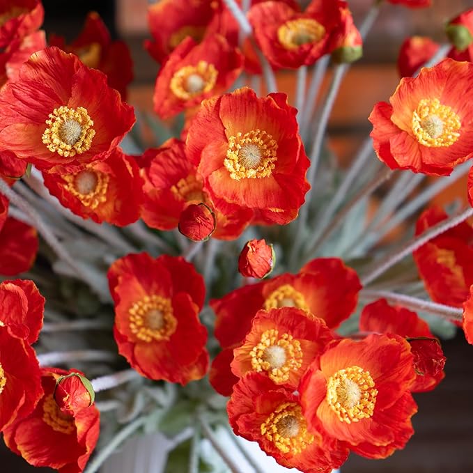 DUYONE Artificial Flowers 6 Stems Poppy Silk Bouquet,for Wedding, Home, Party Decoration,Table Centerpiece Arrangement(Dark Orange)