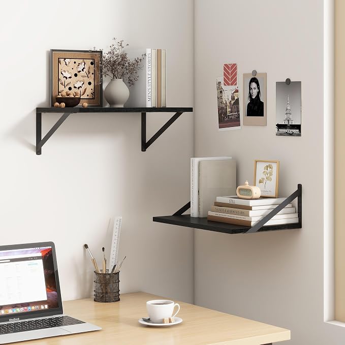 Fun Memories Black Floating Shelves 18 Inch Long, Rustic Floating Shelf with Brackets, 12 Inch Deep Wall Shelves, Black Bathroom Shelves, 18 x 12 Storage Shelf for Kitchen, Living Room, Set of 2
