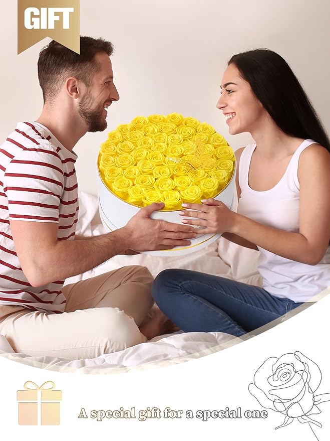 47 Preserved Roses Forever Flowers Real Roses in a Box Mother's Day Birthday Flowers for Her Mom Women Wife Valentine's Day, Yellow Roses