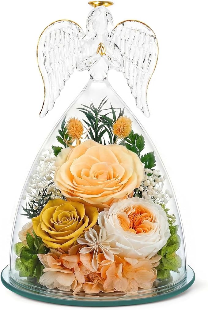 TranquilBliss Gifts for Mom, Flowers for Mother’s Day, Preserved Rose in Glass Dome with Light, Angel Figurines for Her Birthday, Valentine’s Day for Wife, Grandma, Women - Champagn