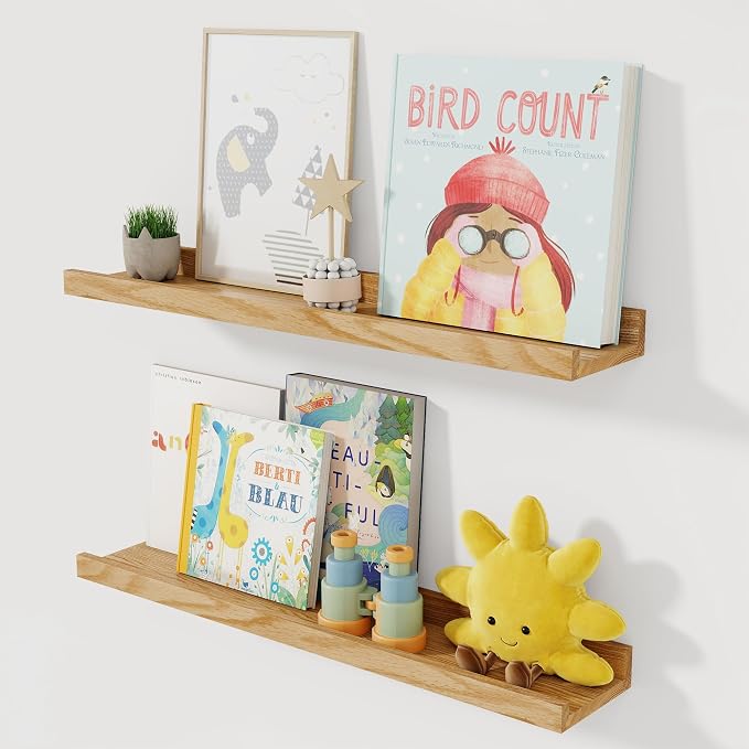 Acovy Solid Ash Wood Picture Ledge Shelf, 24 Inch, Natural, Set of 2 | Wood Floating Shelves with Lip, Photo Ledge Shelf, Wall Mounted, For Living Room Bedroom Nursery