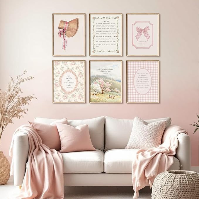 Christian Nursery Wall Art Bible Verse Canvas Wall Decor Pink Vintage Girls Nursery Poster Scripture Floral Bow Print Coquette Room Decor Pictures Jesus Artwork for Bedroom 8x10x6 Inch Unframed