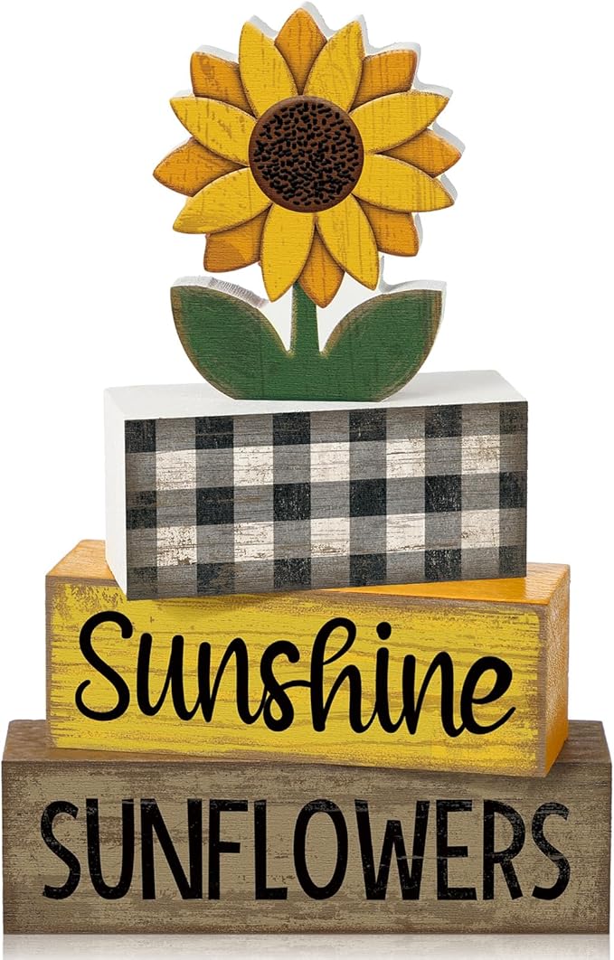 Yuntau 4 Pcs Sunflower Decorations Sunflower Wooden Sign Sunshine Table Centerpiece Summer Tiered Tray Decor Decorative Faux Book Stack Block for Coffee Table Fireplace Mantel Floating Shelf