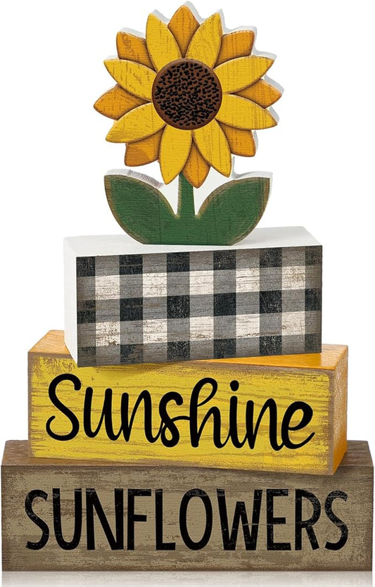 Yuntau 4 Pcs Sunflower Decorations Sunflower Wooden Sign Sunshine Table Centerpiece Summer Tiered Tray Decor Decorative Faux Book Stack Block for Coffee Table Fireplace Mantel Floating Shelf