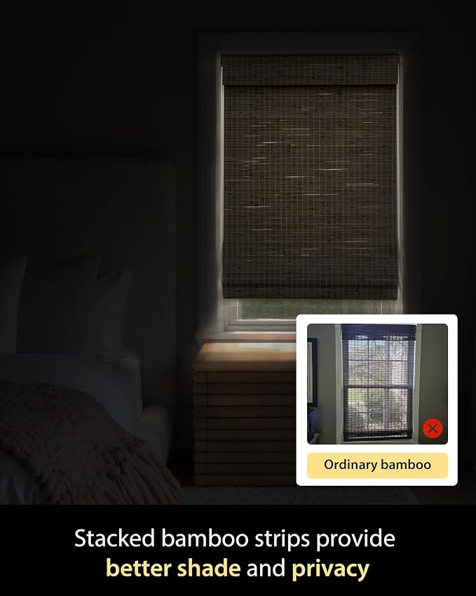 UNISHADES Cordless Bamboo Roman Shades, 28×64 in, BDP-Driftwood | Wide Bamboo Strip Weaving Technique, High light-blocking capacity, High Level of Privacy Protection