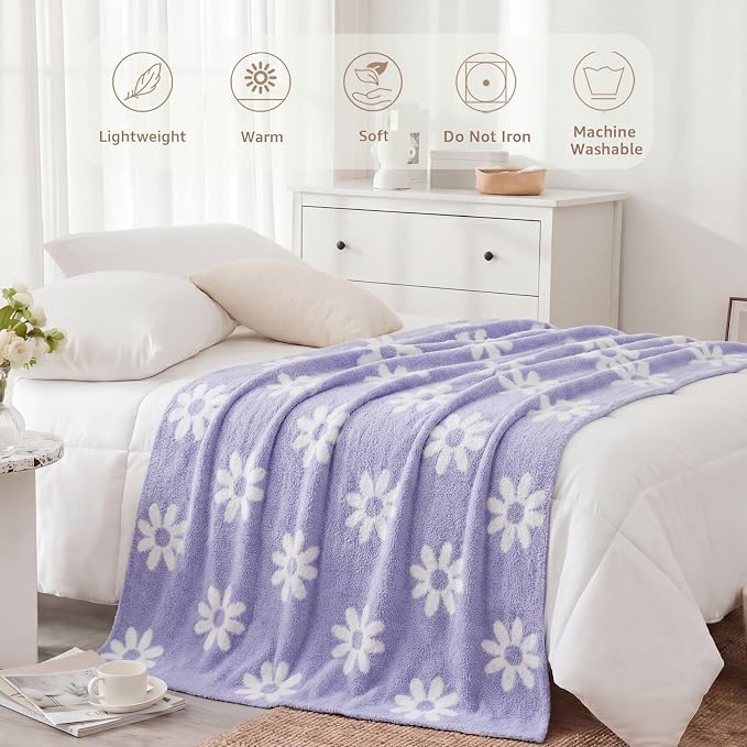 WRENSONGE Soft Throw Blanket for Couch-Cozy Reversible Knitted Blankets | Lightweight Warm Fluffy Decor for Women, Mom, Her & Girls, Sofa, Chair, Bed, 50x60in,Daisy Floral Purple