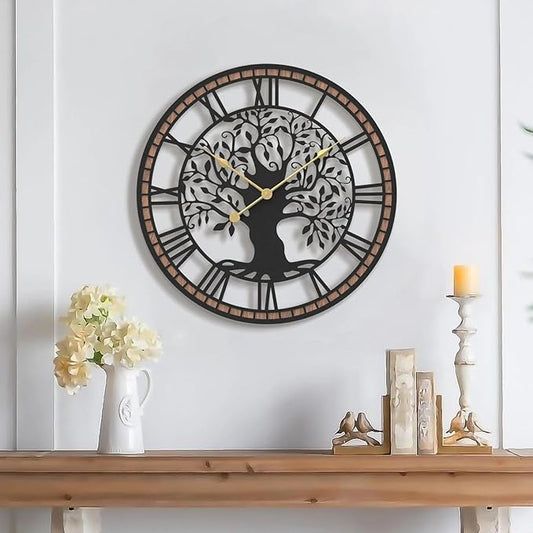 Micasso Wall Clocks Battery Operated: 18Inch Farmhouse Tree of Life Metal with Wood Frame - Rustic Roman Numerals Clock for Office/Living Room/Bedroom/Kitchen - Home Decor for Teen