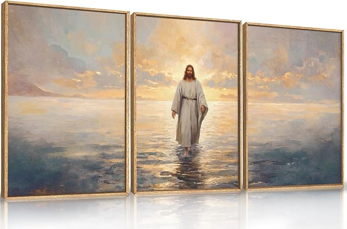 Large Jesus Christian Framed Canvas Wall Art Set,Jesus Walking On The Water Wall Decor,Vintage Religious Ocean Artwork for Living Room,Bedroom,Prayer Room,Church-16 x24 x3