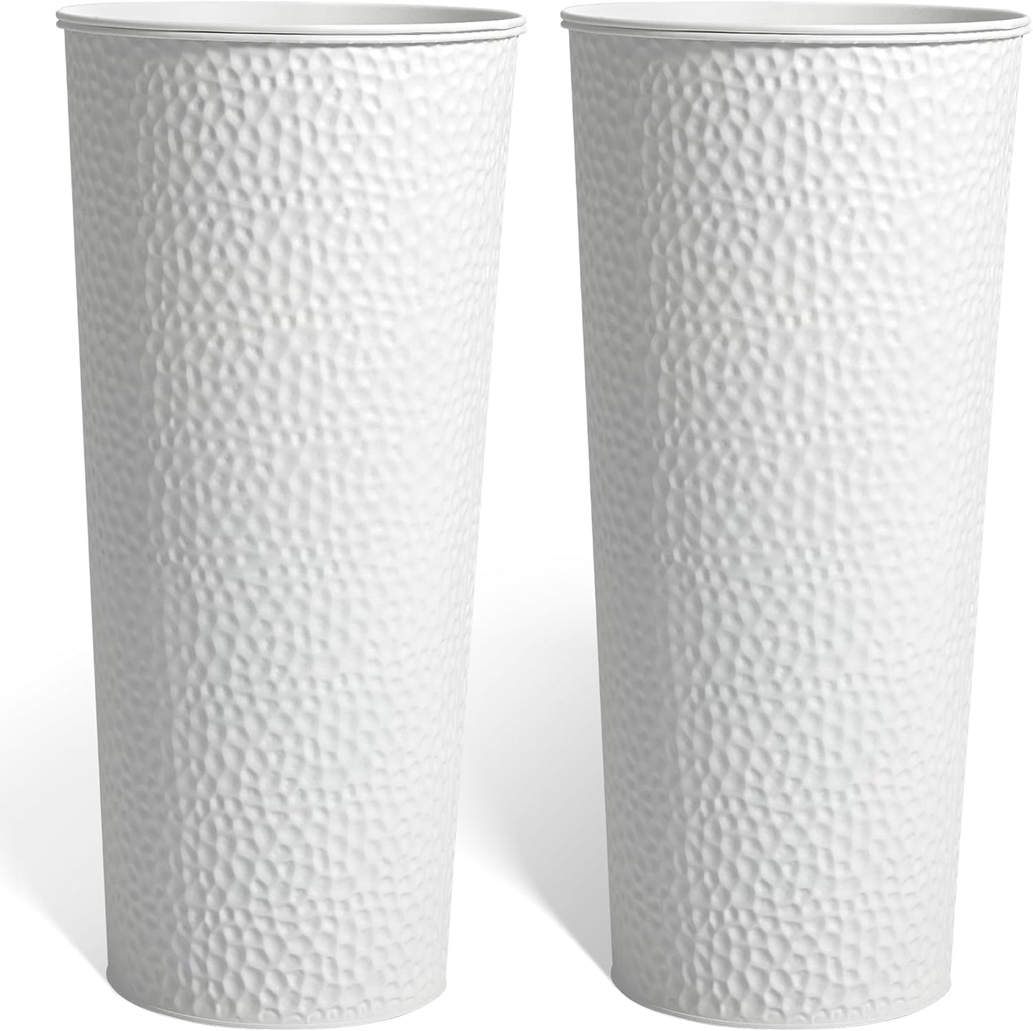 KOL 28" H. Tall Metal Cone Planters with Inner Pots 2-Pack, White Hand-Hammered Large Decor Planter for Deck, Patio, Porch - Handcrafted Flower Pot - with Water Level Indicator - Indoor Outdoor Use