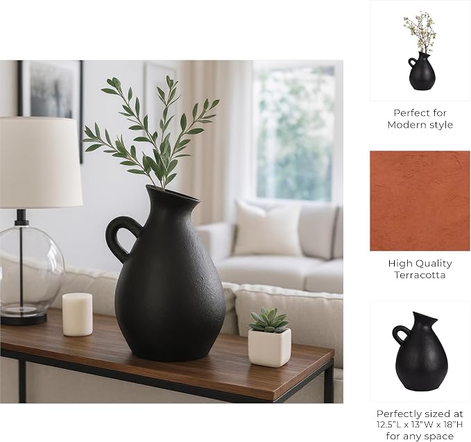 Terracotta Jug with Handle Vase for Living Room Decor - Decorative Home Accents for Bedroom, Office, and Table Centerpiece - Modern Flower Vase for Kitchen Counter and House Styling - 18", Black