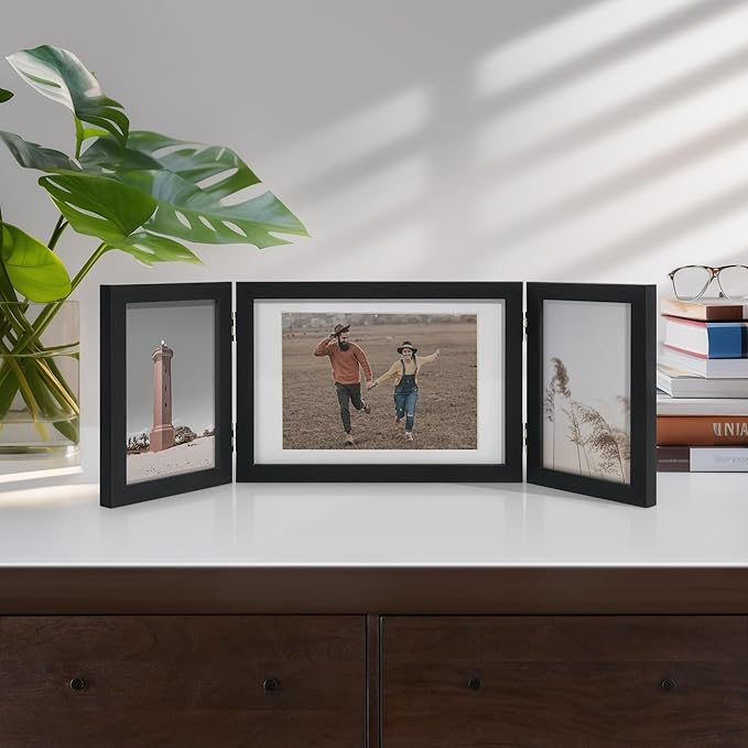 Afuly 5x7 Picture Frame Black 4x6 3 Picture Frames Collage Hinged Folding Triple Photo Frames Home Decor for Wall Desktop Christmas Wedding Birthday Gifts for Women Mom Grandma Family, 2*4x6+1*5x7