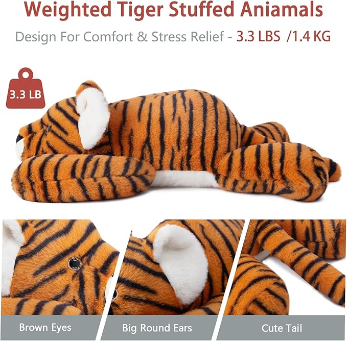 Niuniu Daddy 20" | 3.3 Pound Tiger Weighted Stuffed Animals for Adults, Stuffed Tiger Plush Toy for Toddler Teens Kids, Large Fluffy Plushy Pillow with Soft Fur for Present Christmas Birthday