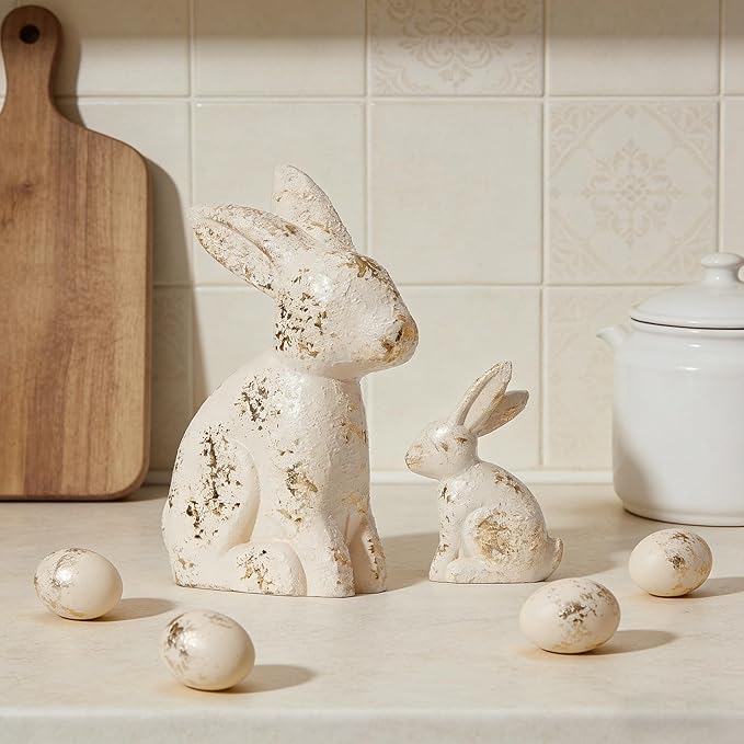 DN DECONATION Easter Decorations White & Gold Bunny Decor Rabbit Figurines, Wabi Sabi Easter Bunny Statue Set of 2 for Spring Tabletop Home Decor Farmhouse Shelf Mantel, Pressed Wood Sculpture
