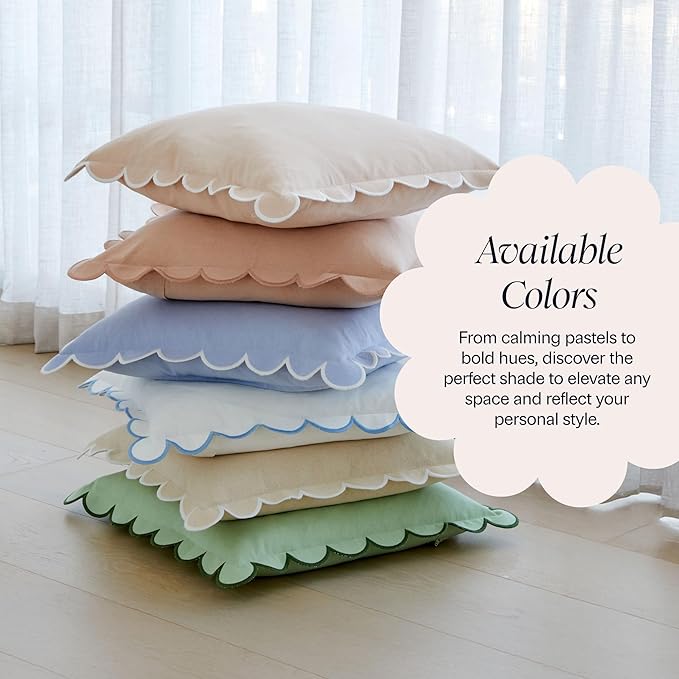 BEBE BASK Blue Scalloped Pillow Cover - Set of 2-18 x 18 Inch - Scallop Pillow Cover - Scalloped Pillows - Scallop Pillows - 100% Cotton - Grandmillennial Style (Sky Blue/White)