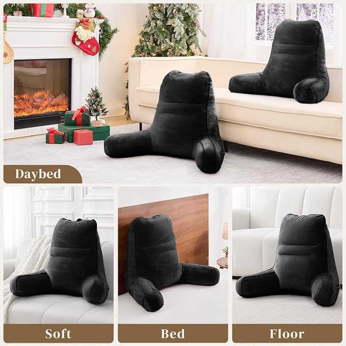 Sasttie Reading Pillow for Bed - 23 Inch, Back Pillow for Bed Sitting Up, Back-Rest Support Cushion with Side Pockets and Arms, Dorm Essentials, Oeko-Tex Certified, Black
