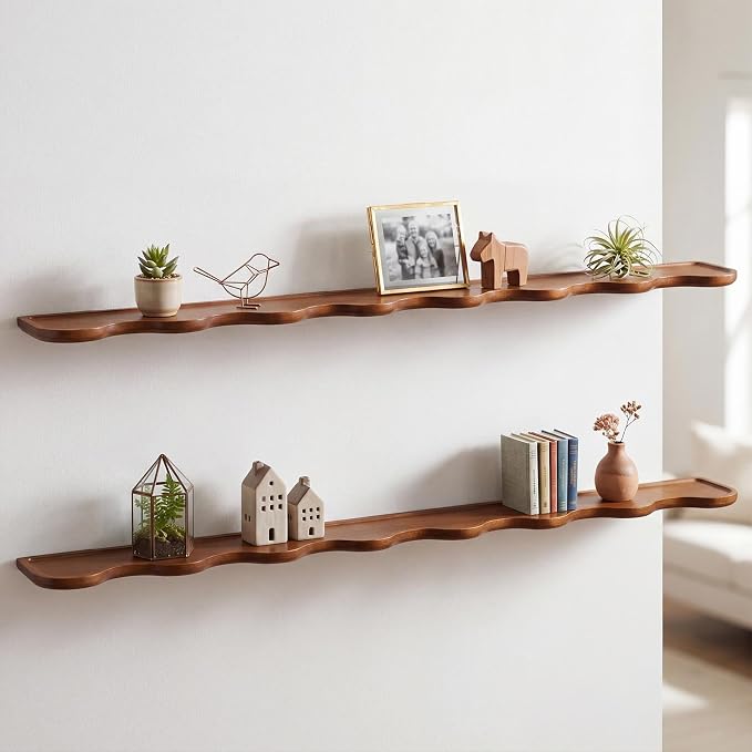 Pinkunn 2 Pcs Walnut Floating Shelves for Wall 48 Inch Wooden Wave Floating Shelf Live Edge Shelves Wall Decor for Bathroom Bedroom Living Room Office, Scalloped Mounted Display Hanging Shelf