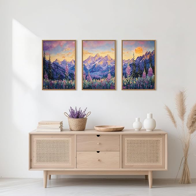 HOURIA Vintage Purple Mountain Landscape Framed Canvas Wall Art Set,Watercolor Boho Floral Tree Wall Decor,Modern Natural Soft Sunlight Field Artwork for Living Room, Bedroom,Farmhouse-16 x24 x3