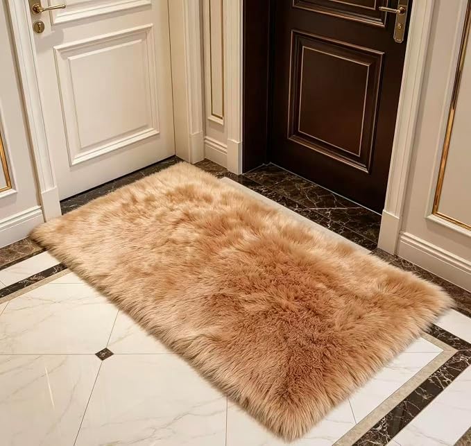 Faux Fur Rug Fluffy Sheepskin Area Rug,Ultra Soft Shaggy Plush Rug Bedroom Living Room Sofa Floor Kids Room Bedside（2 x 4 ft Rectangle Brown）