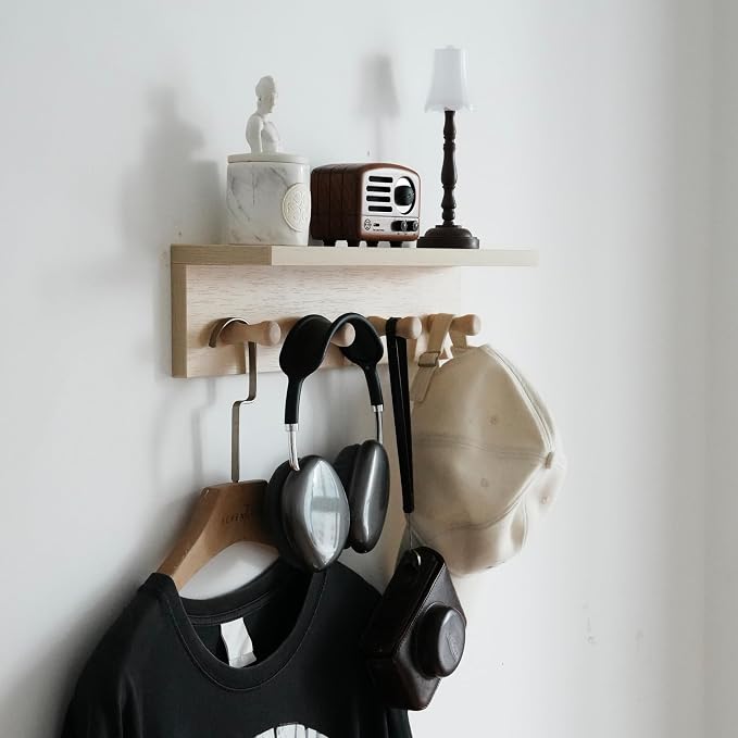 Wall Mounted Coat Rack with Shelf, Entryway 8 Hooks, 2 Pack | Birch finish shelf