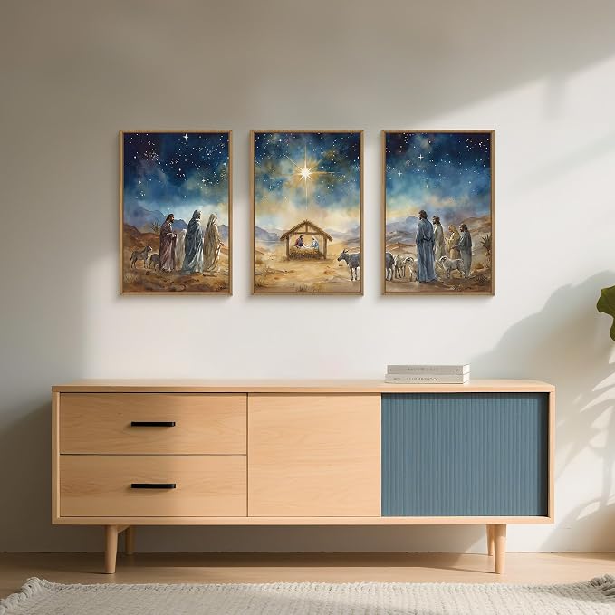 LHIUEM Large Bible Christian Religious Framed Canvas Wall Art Set,Birth of Jesus Nativity Wall Decor,Christmas Mary and Joseph Artwork for Living Room,Bedroom,Dining Room,Office -16"x24"x3