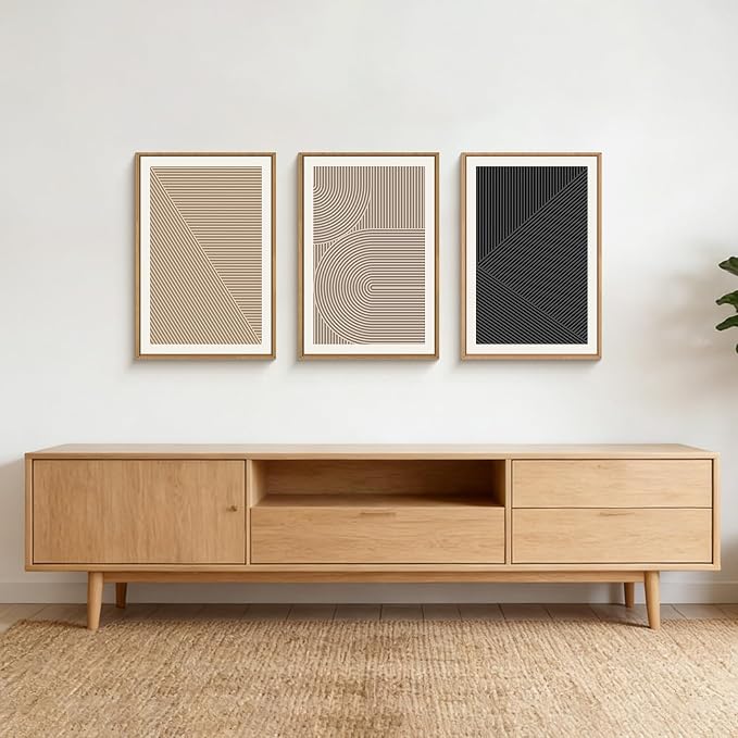 HPNIUB Abstract Neutral Framed Wall Art Set,Mid Century Modern Wall Decor,Boho Geometric Line Art Print,Beige Minimalist Textured Artwork for Living Room, Bedroom,Office-24 x36 x3