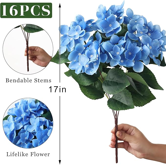 FOTEEWL 16 Bundles Artificial Hydrangea Flowers for Outdoor Decor, Realistic Faux Silk Bouquets Sun-Resistant Fake Plants for Front Door Balcony Farmhouse Garden Home Spring Summer Decor (Blue)