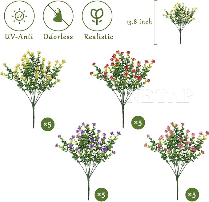 NETAP Outdoor Artificial Flowers UV Resistant, 20 Bundles Fake Realistic Floral Greenery Plants for Outside Porch, Window Boxes, Garden, Yard, Inside Home Table Decor, MixColorB