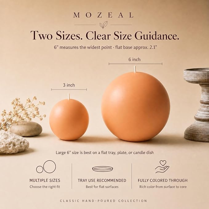 MOZEAL Hand-Poured, 6 Inch Peach Fuzz Large Round Ball Candles - Elegant Peach Fuzz Round Pillar Candles, Dripless, Unscented, Smokeless, Ideal for Summer Parties.