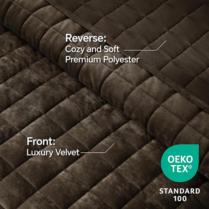 BEDELITE Velvet Quilt Set King Size - Luxury Soft Velvet Comforter Bedding Set for All Season, Lightweight Quilted Box Stitch Oversized Bedspread Coverlet with 2 Matching Shams, Mocha Brown