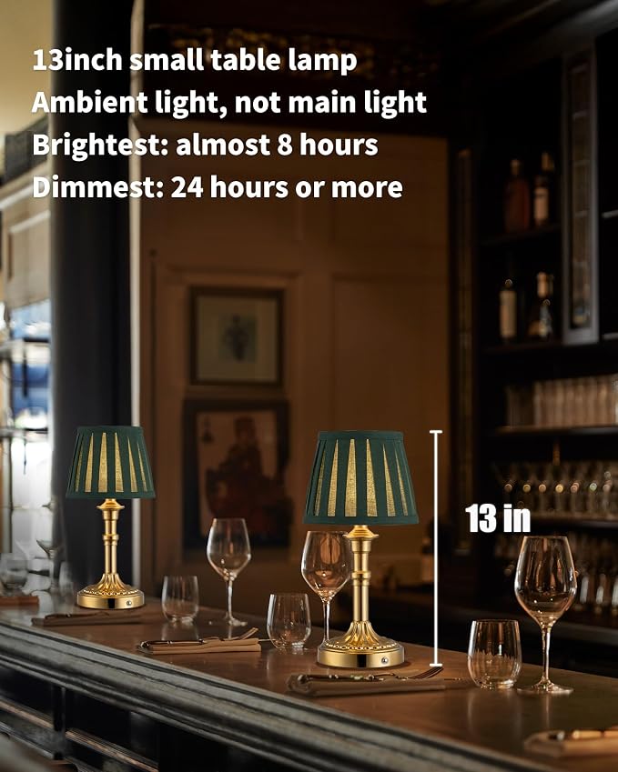 KDG Gold Cordless Table Lamps Set of 2, Green Fabric Shade Small Desk Lamp | Portables, 5000mAh Battery Powered, LED Lighting, 2700K Stepless Dimmable, Light for Living Room, Dining Room, Bedroom