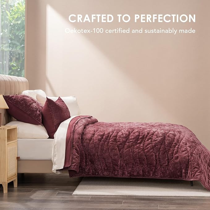 EverGrace Luxury Velvet Quilt King Size, Ultra Soft Wave Crushed Velvet Bedding Set, Lightweight Quilted Comforter Set for All Season, Oversized Bedspread Coverlet with 2 Shams, Burgundy