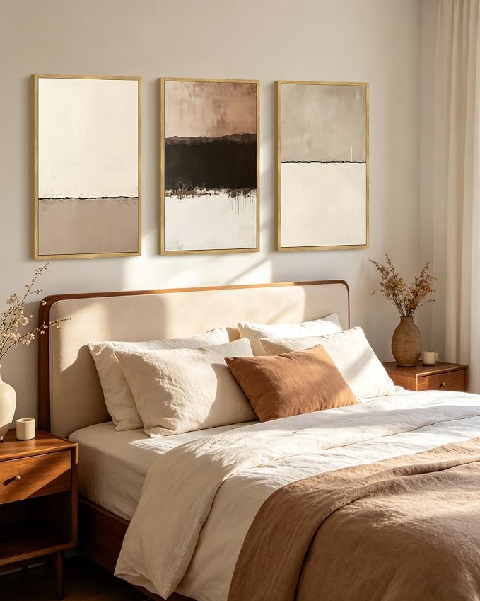 PHOPAGO Neutral Abstract Framed Wall Art Large 16x24in Minimalist Beige Gray Pastel Wall Decor Modern Watercolor Art Paints Laundry Kitchen Bedroom Living Room Decor - Natural Framed