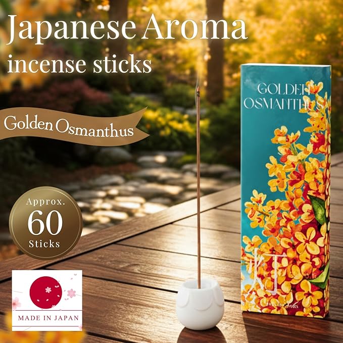 Golden Osmanthus Luxury Japanese Incense Sticks 60sticks Vanilla Musk Coreless Low Smoke Natural Charcoal Free Non Toxic Aromatherapy Meditation Calming Stress Relief Relaxation Yoga TOMORI