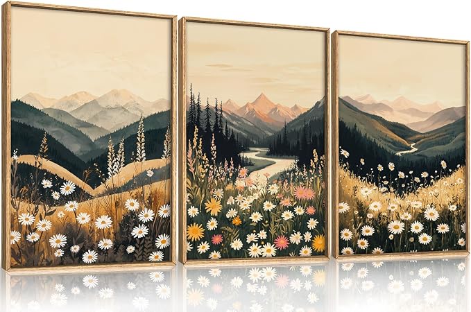 BICERE Large Boho Wildflower Framed Canvas Wall Art,Vintage Mountain Wall Decor,Nature Floral Prints,Rustic Daisy Landscape Artwork for Living Room,Bedroom,Dining Room -16"x24"x3