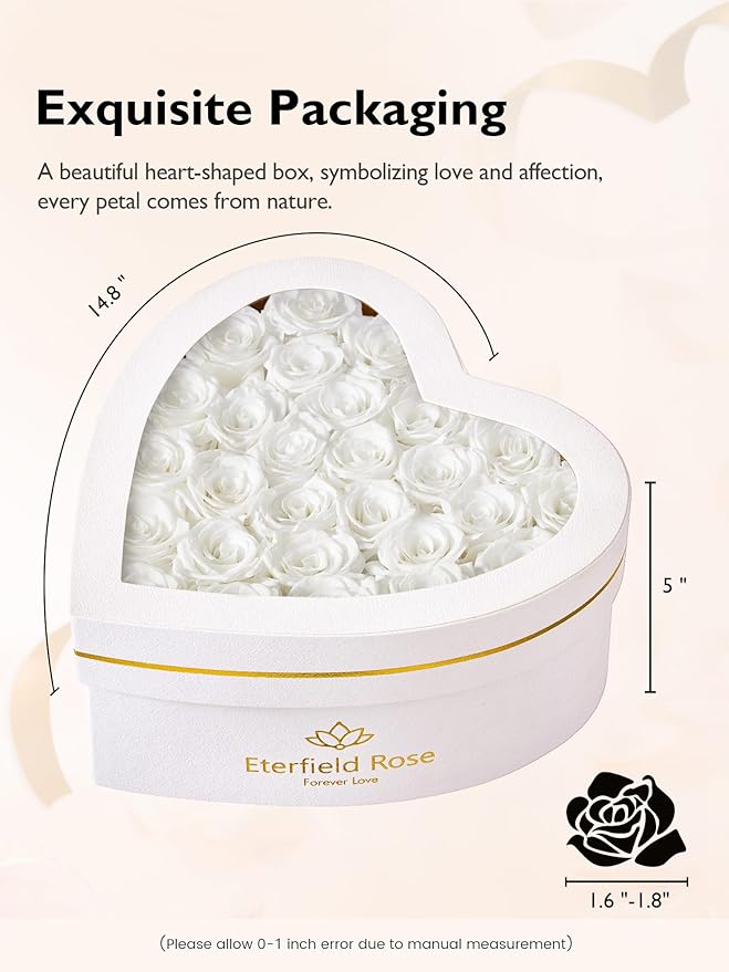 Eterfield 27 Forever Flowers in Heart Shape Box, Preserved Roses that Last a Year Preserved Flowers Birthday Gifts for Her Mom Women Wife Anniversary Valentines Day Mothers Day Christmas, White