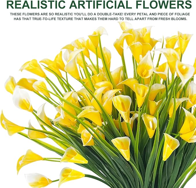 TURNMEON 20 Bundles Calla Lily (400 Heads) Artificial Flowers for Outdoors, Fake Plants UV Resistant Faux Plastic Fake Flowers for Indoor Planter Home Porch Yard Spring Summer Cemetery Decor(Yellow)