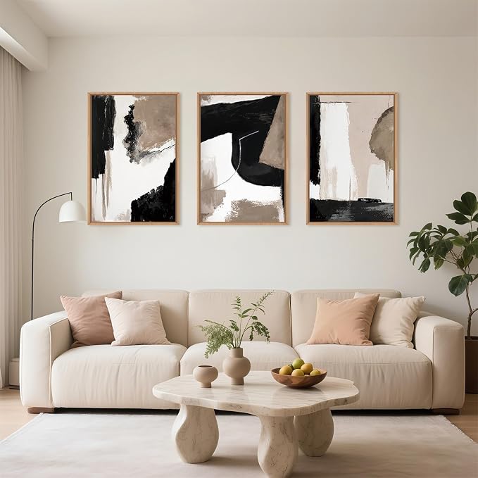 Large Modern Abstract Framed Canvas Wall Art Set, Neutral Black and Beige Color Block Wall Decor,Minimalist Pastel Tan Art Printing for Living Room,Bedroom,Office-24 x36 x3