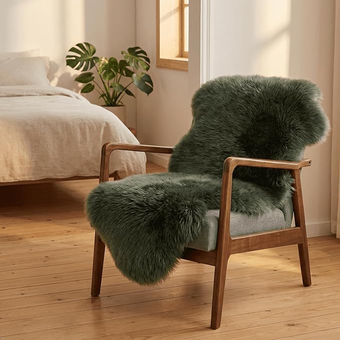 AOGELAN Premium Genuine Fur Sheepskin Rug, Real Australia Sheepskin Natural Luxury Fluffy Lambskin Fur Area Rug Seat Covers for Kids Bedroom Sofa Chair Cover (Dark Green, Double Pelt/2ft x 6ft)